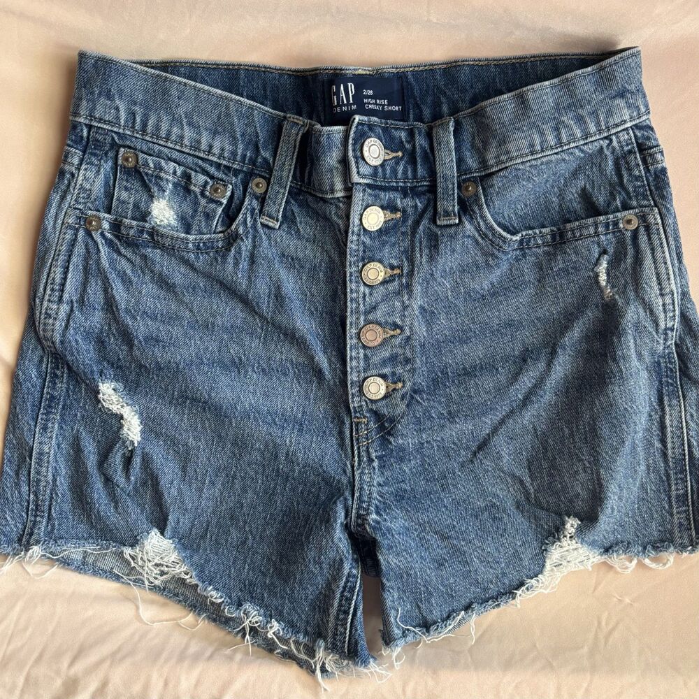 Gap Denim High Rise Cheeky Shorts Women Size 26 Distressed